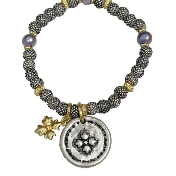 Patricia Nash Antique Gold Satin Bead Be Strong Statement Charm Stretch Bracelet - Picture 3 of 3